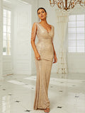 Plunging Neck Beaded Chain Floor Length Sequin Formal Dress XH2164