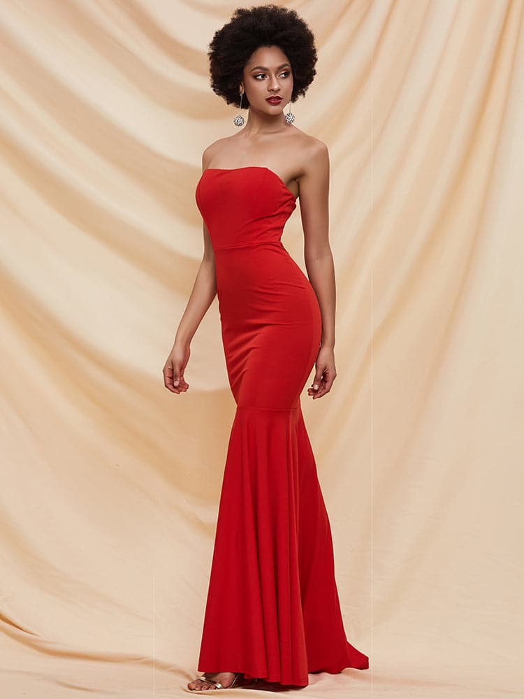 Zip Back Fishtail Hem Tube Red Maxi Knit Prom Dress FT2000