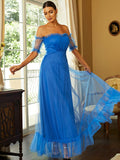 Off Shoulder Backless Maxi Chiffon Short Sleeve Blue Prom Dress XJ1451