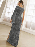 Grey Sequin One Sleeve Side Split Prom Dress XH2259 S-4XL