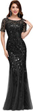 Women't Elagant Short Sleeve Long Mermaid Sequin Tulle Prom Evening Dresses EZ07707