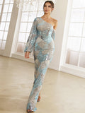 One Shoulder Off With Long Sleeve Blue Prom Sequin Dress XH2271