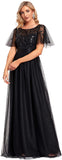 Women's Short Sleeve Embroidery Empire Waist A Line Floor Length Elegant Long Formal Evening Party Dresses 00904