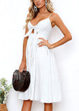 Womens Tie Front Dress Summer V-Neck Spaghetti Strap Dresses Button Down A-Line Midi Dress
