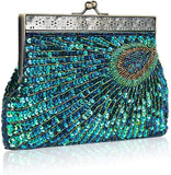 Vintage Sequin Peacock Clutch Bag, Antique Beaded Evening Handbag Clutch Bags, Turquoise Eye Catching Purse for Wedding (Blue)