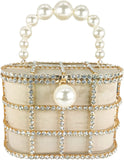 Synthetic Pearl Top-Handle Women Metal Bucket Bag Crystal Evening Purses and Clutches Formal Wedding Handbags
