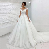 Tulle Princess Wedding Dress Sheer Neck Cap Sleeves Lace Applique Bridal Dress Sweep Train Vestido De Noiva