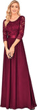 Women's Round Neck 3/4 Sleeves A Line Empire Waist Lace Elegant Maxi Bridesmaid Dresses 07412