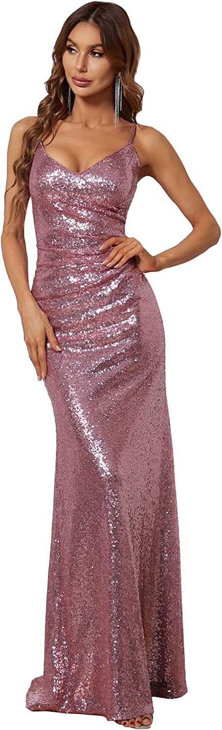 Women's Spaghetti Straps Long Sequin Mermaid Party Evening Dresses 07339