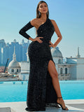 Asymmetrical Neck Black Floor Length Sparkly Dress XJ277