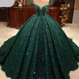 88 Arabic Green Sequins Beading Wedding Dress Off Shoulder Lace Evening Party Gowns Sweep Train Muslim Customize