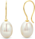 Yellow Gold Freshwater Pearl Drop Hook Earrings for Women, 8 x 23mm