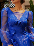 V-Neck Long Sleeve Chiffon Blue Maxi Prom Dress XJ1487