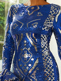 High Neck Long Sleeve Blue Mini Bodycon Sequin Dress XH2225