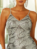 Open Back V-Neck Maxi Mermaid Sleeveless Grey Sequin Dress XJ1467