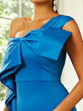 Backless One Shoulder Short Sleeve Satin Maxi Blue Prom Dress XJ1450