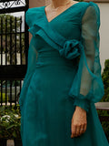 V-Neck Long Sleeve Chiffon Maxi Green Beach Dress XJ1441
