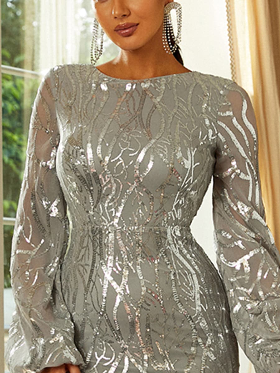 Long Sleeve Maxi Grey Mermaid Sequin Dress XJ1500