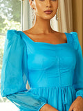 Round Neck Long Sleeve Chiffon Maxi Blue Dress XJ1531