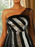 One Shoulder Long Sleeve Maxi Sequin Black Prom Dress XJ1447 S-4XL