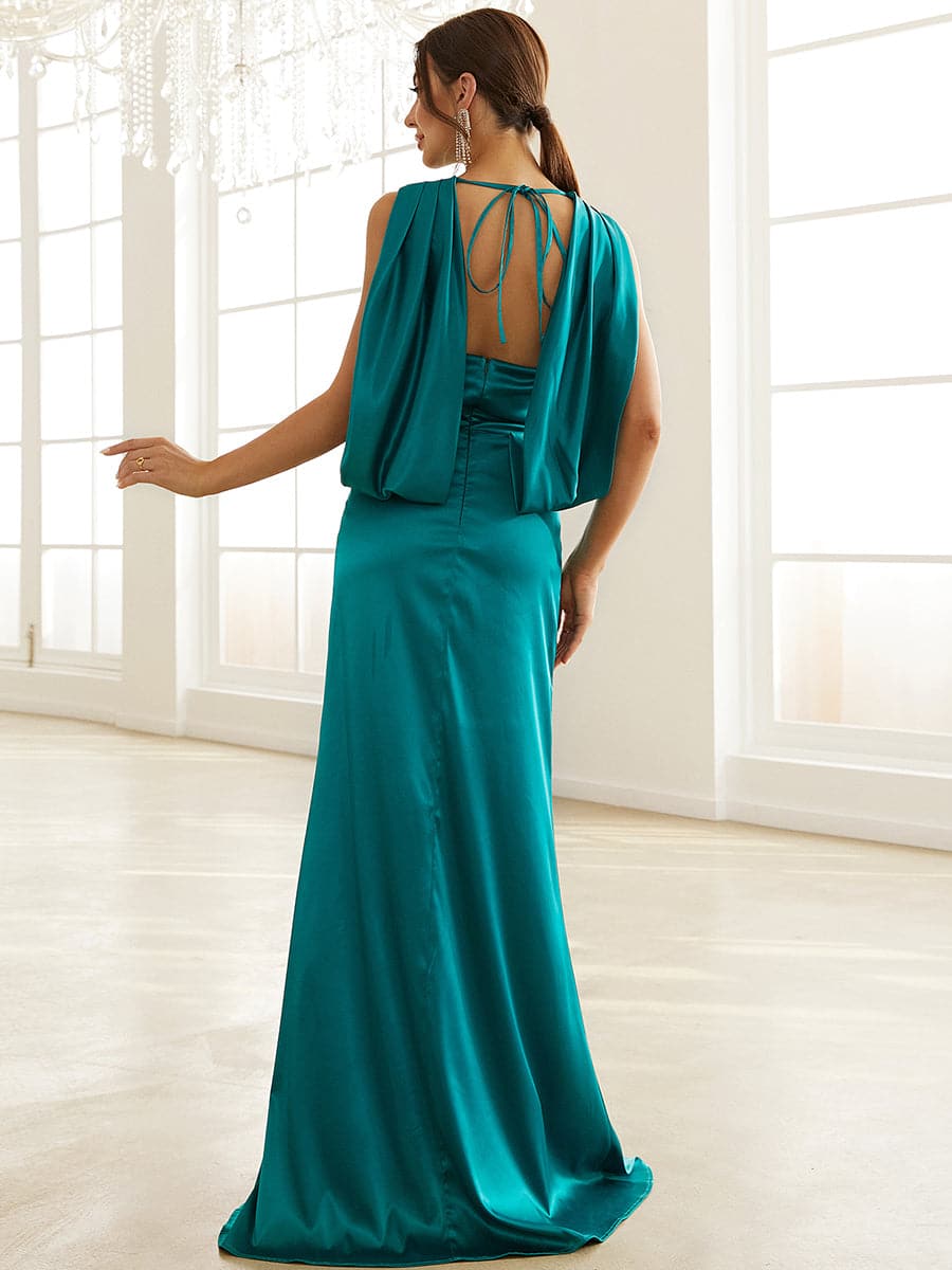 Cowl Neck Strap Draping Backless Green Satin Prom Dress XH2246