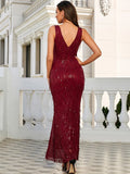 Lace Up Zip Sleevelesss Back Red Maxi Sequin Dress M01103