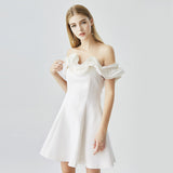 new white euro-n Fashion Annual Party dress dress style show thin shoulder ruffled dress temperament