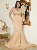 Formal One Shoulder Sequin Apricot Evening Dress XJ1548 S-4XL