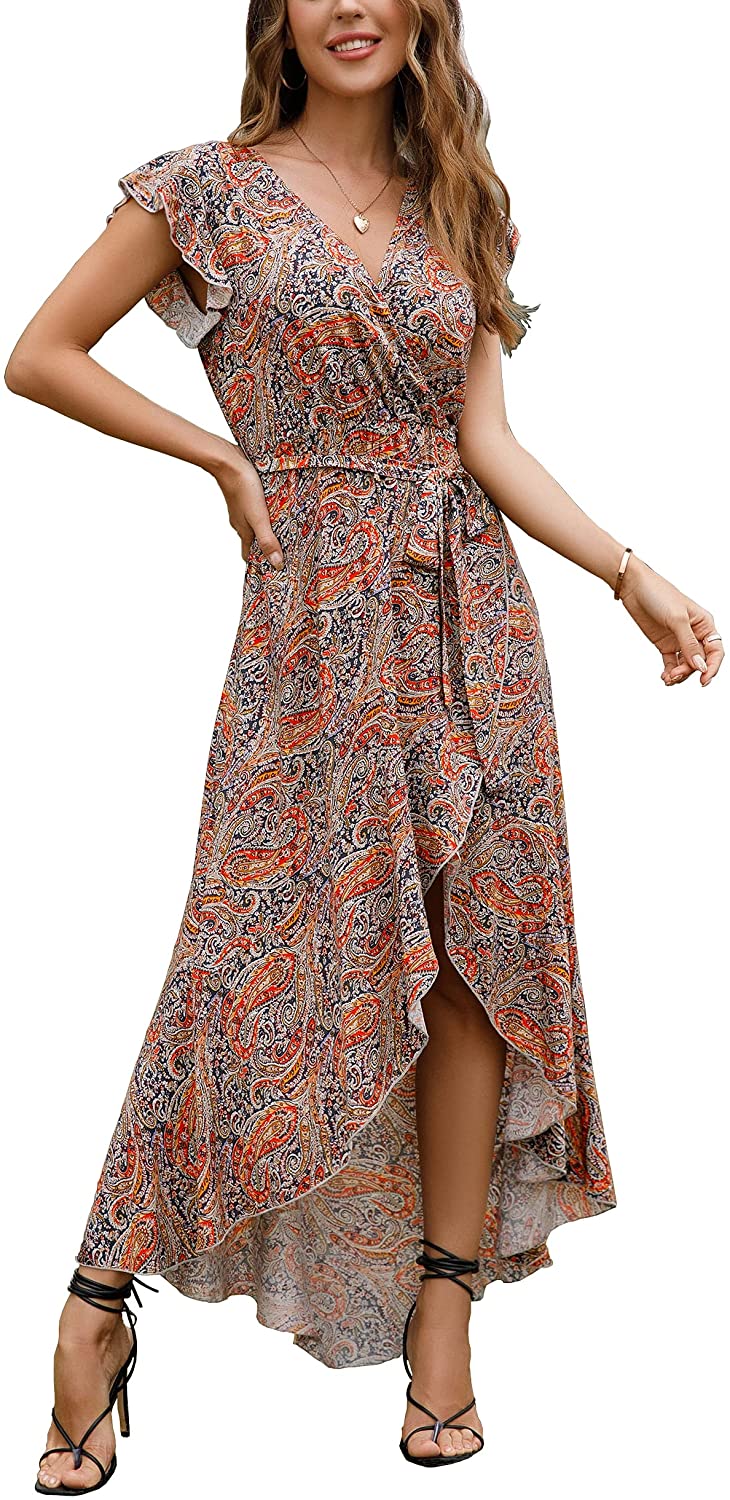 Women's Summer Floral Print Cross V Neck Dress Bohemian Flowy Long Maxi Dresses