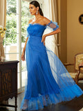 Off Shoulder Backless Maxi Chiffon Short Sleeve Blue Prom Dress XJ1451