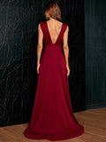 Plunging Deep V Neck Split Maxi Red Prom Dress XH1243