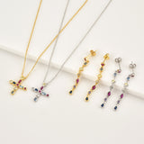925 Sterling Silver Gold Rainbow Cross Zircon Necklace Long Chain Drop Earring Rock Punk Fashion Fine Jewelry Set