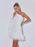 Ceridwen One Shoulder Feather Mini Dress In White