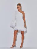 Ceridwen One Shoulder Feather Mini Dress In White