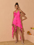 Claire Plunge Mesh Mini Dress In Hot Pink