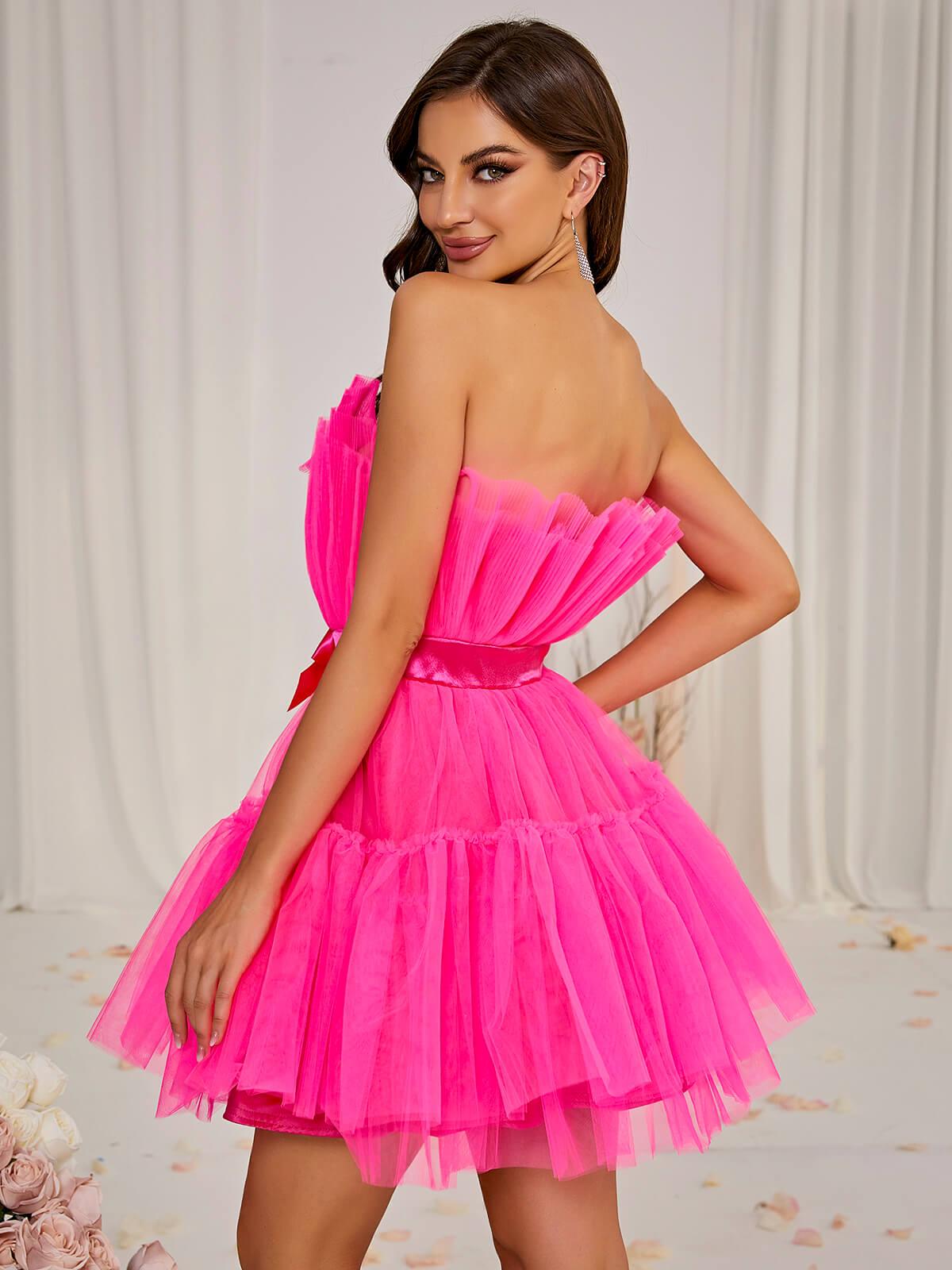 Guinevere Strapless Mesh Mini Dress In Hot Pink