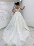 Tulle Princess Wedding Dress Sheer Neck Cap Sleeves Lace Applique Bridal Dress Sweep Train Vestido De Noiva