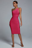 Janan One Shoulder Midi Cocktail Dress - Hot Pink