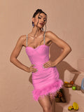 Kadence Crystal Chain Bandage Dress In Hot Pink