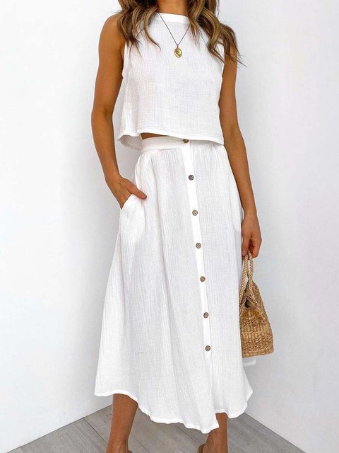 Loose Casual White Solid Women Skirt Set Sleeveless Crop Tops And Button Pockets Long Skirts Ladies Suit Summer Beach Style