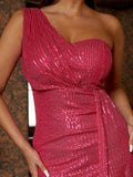 One Shoulder Sleeveless Maxi Sequin Gold Prom Dress XH2230