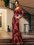 Square Neck Flower Print Maxi Sequin Red Prom Dress XH2313