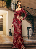 Square Neck Flower Print Maxi Sequin Red Prom Dress XH2313