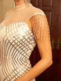 Mesh Neck Tassel Sleeve Print Maxi Sequin Evening Dress M02099