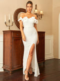 Ruffle Neck Off Shoulder Maxi Split Thigh White Prom Dress XJ1575