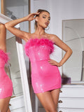 Marin Strapless Feather Sequin Mini Dress In Hot Pink
