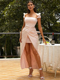 Short Asymmetric High Split Pink Satin Party Dress XJ1113