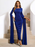 Extra-Long Sleeve Glitter Blue Maxi Sequin Prom Dress XJ405 S-4XL