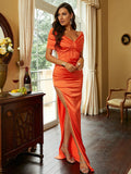 Elegant Off Shoulder Split Orange Satin Prom Dress XH2124
