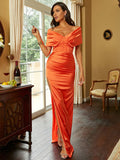 Elegant Off Shoulder Split Orange Satin Prom Dress XH2124
